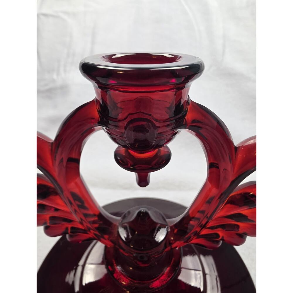 Vintage New Martinsville Glass Moondrops Ruby Red Winged 3 Candlestick Holder - Picture 3 of 7